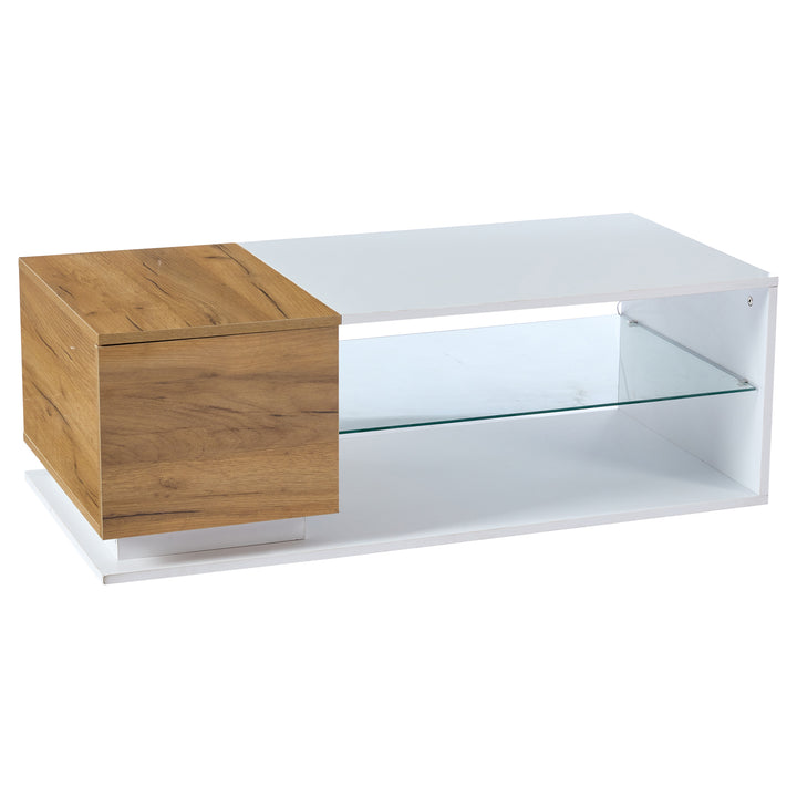 White rectangular wood LED coffee table with open glass shelf and 1-door IDEOGRAM