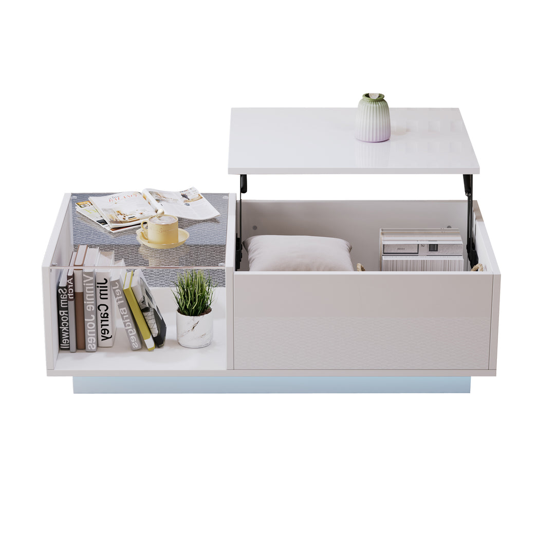 White high gloss lift-up LED coffee table with hidden storage and glass top 100×50×33cm BORAXFLAKE