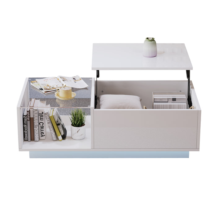 White high gloss lift-up LED coffee table with hidden storage and glass top 100×50×33cm BORAXFLAKE