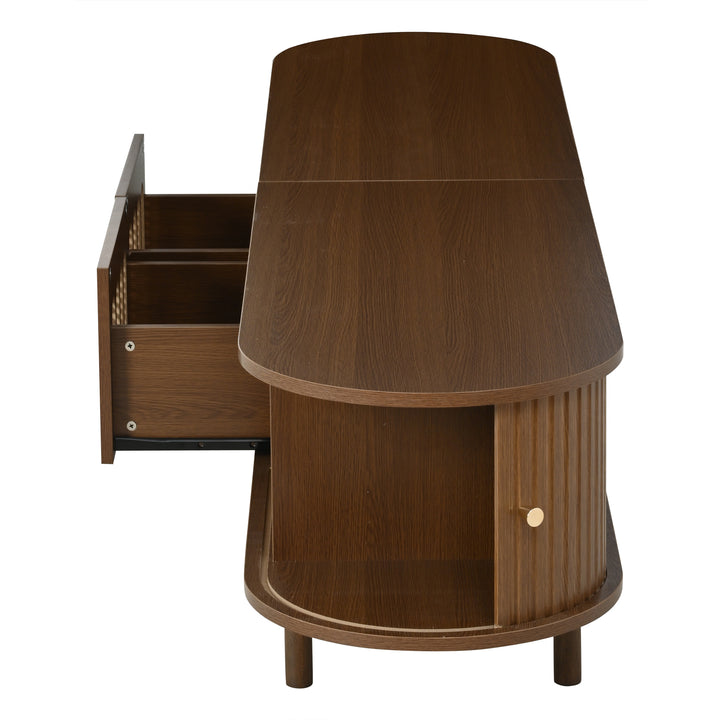 Walnut Oval TV Stand with 2 Drawers and 2 Tambour Doors with Rattan 180cm VANITYPLUS