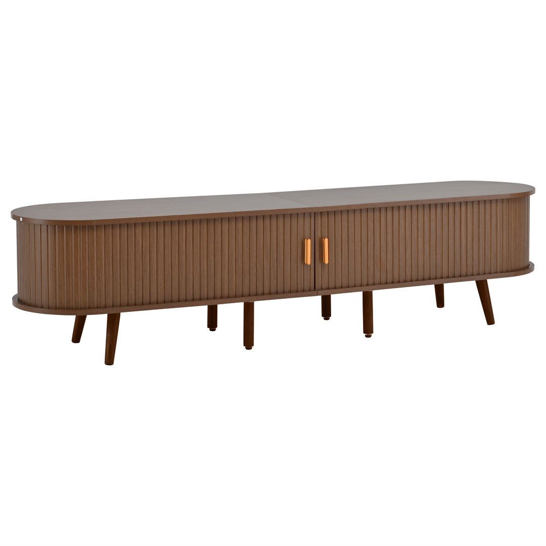 Retro walnut oval fluted TV stand with coffee table set with sliding doors MEALYBUG