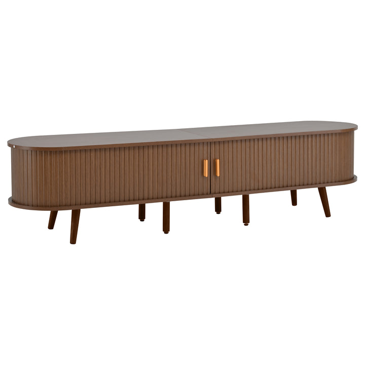 Retro walnut oval fluted TV stand with coffee table set with sliding doors MEALYBUG