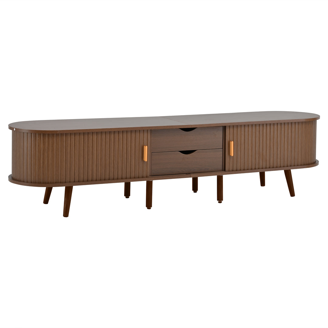 Retro walnut oval fluted TV stand with coffee table set with sliding doors MEALYBUG