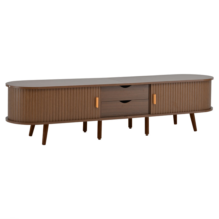 Retro walnut oval fluted TV stand with coffee table set with sliding doors MEALYBUG