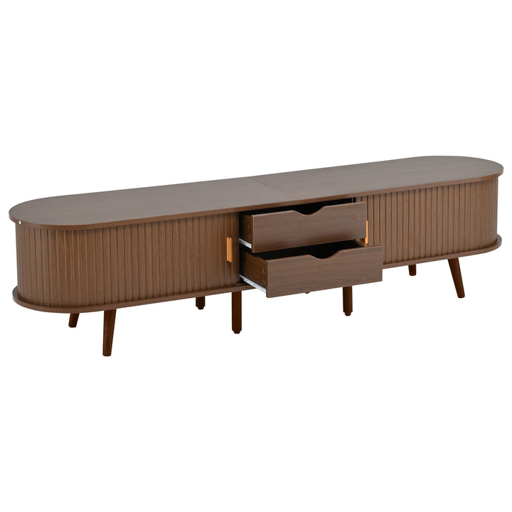 Retro walnut oval fluted TV stand with coffee table set with sliding doors MEALYBUG