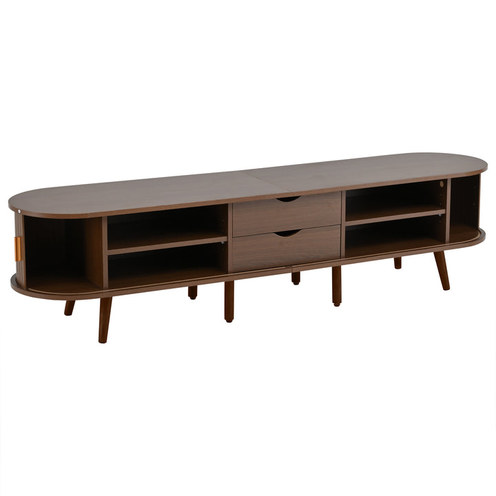 Retro walnut oval fluted TV stand with coffee table set with sliding doors MEALYBUG