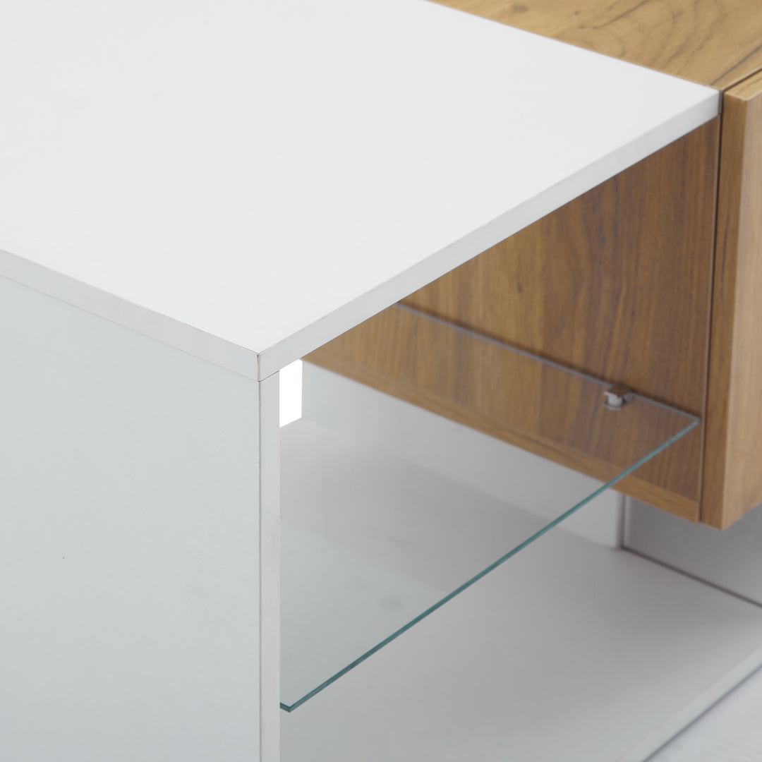 White & wood LED TV stand with 2 drawers and 5 open storage glasses shelves 160×40×42cm LIVERWORTLOBE