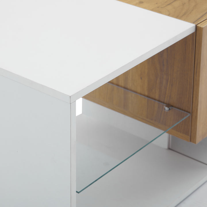 White & wood LED TV stand with 2 drawers and 5 open storage glasses shelves 160×40×42cm LIVERWORTLOBE