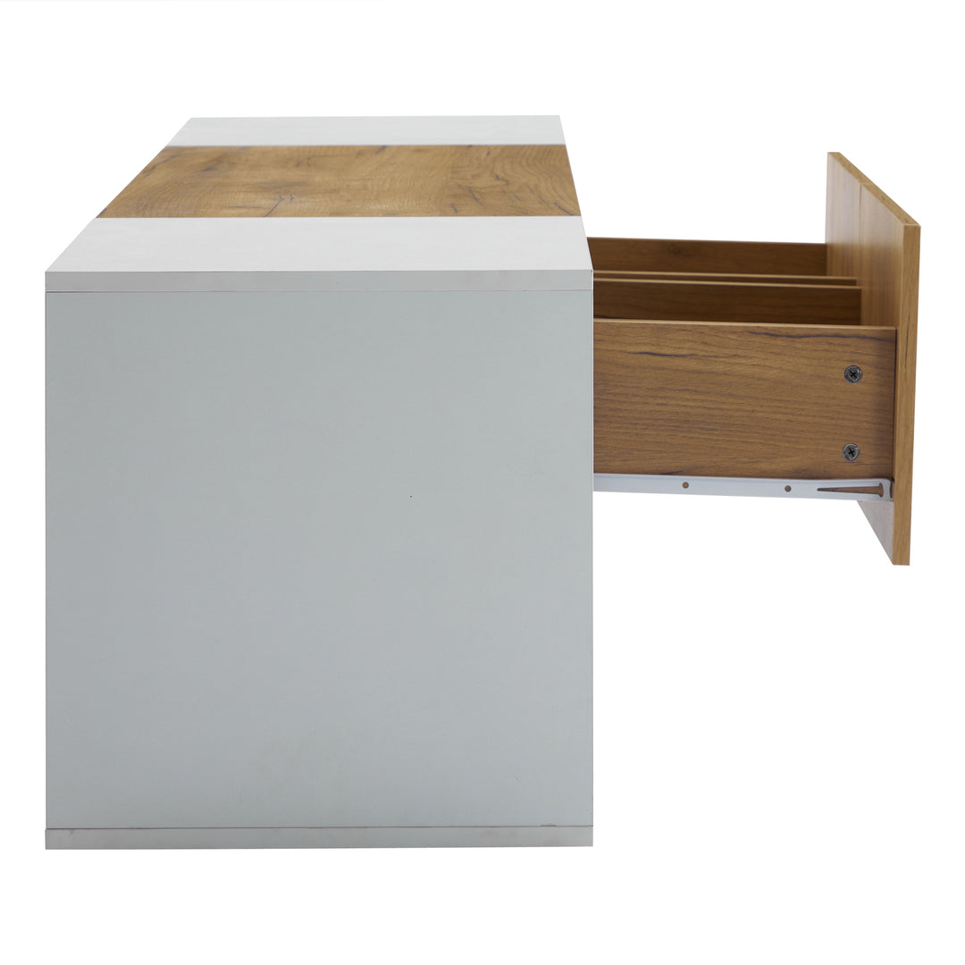 White & wood LED TV stand with 2 drawers and 5 open storage glasses shelves 160×40×42cm LIVERWORTLOBE