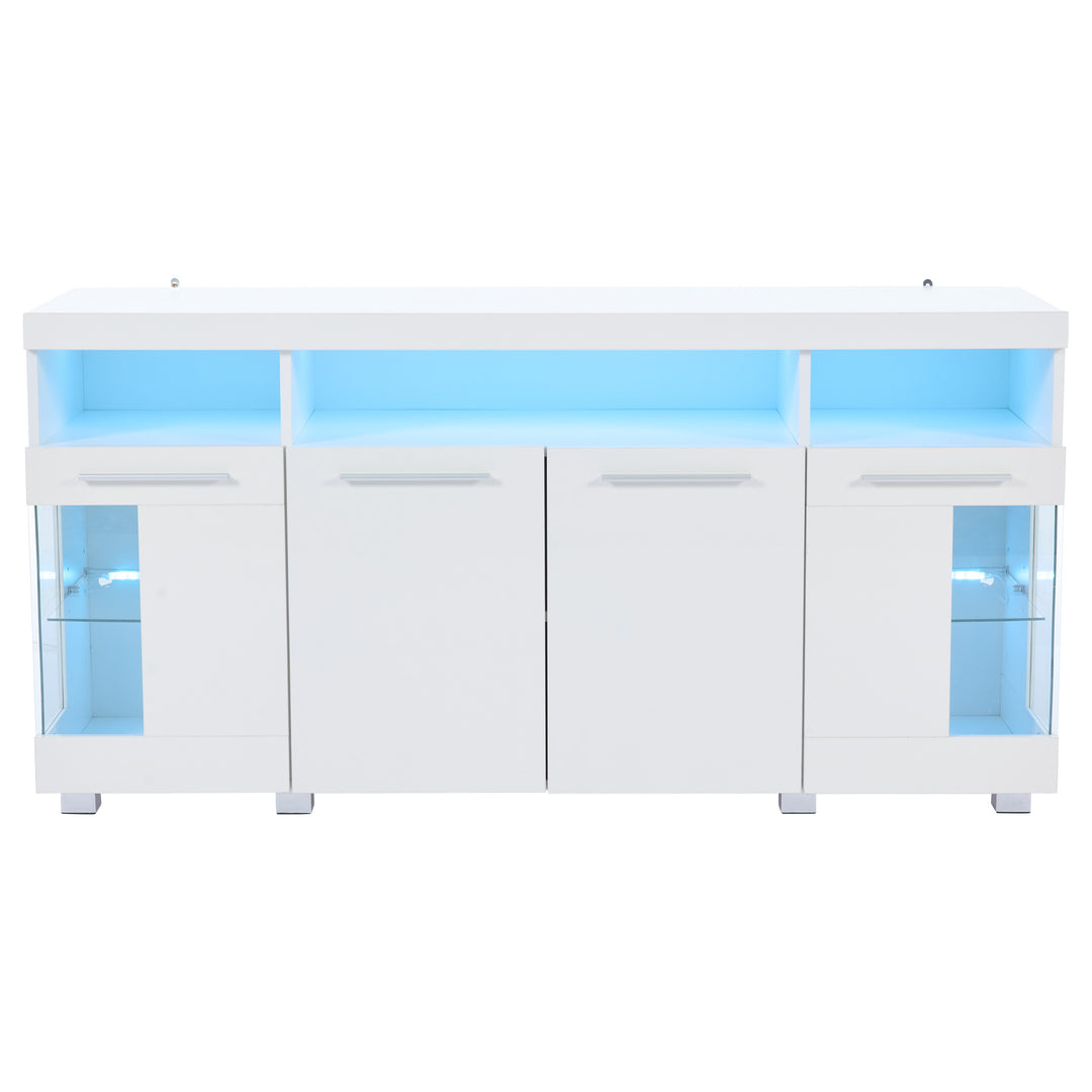 White high gloss sideboard cabinet with LED lights and glass shelves 140x40x70cm QUADSCREEN