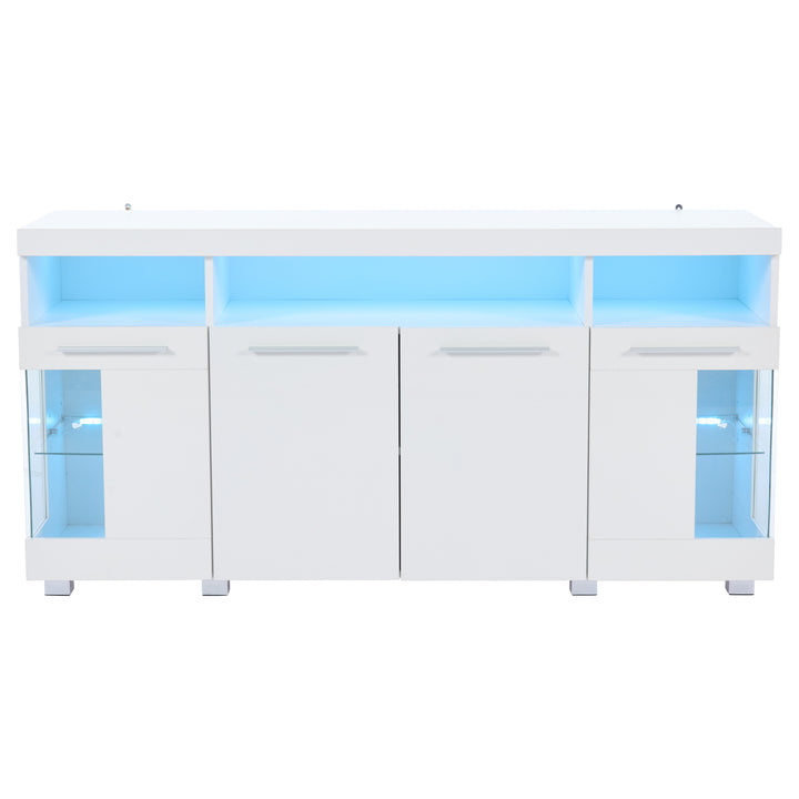 White high gloss sideboard cabinet with LED lights and glass shelves 140x40x70cm QUADSCREEN