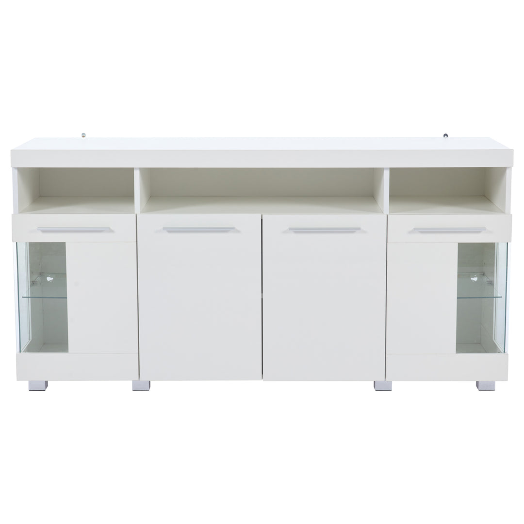 White high gloss sideboard cabinet with LED lights and glass shelves 140x40x70cm QUADSCREEN