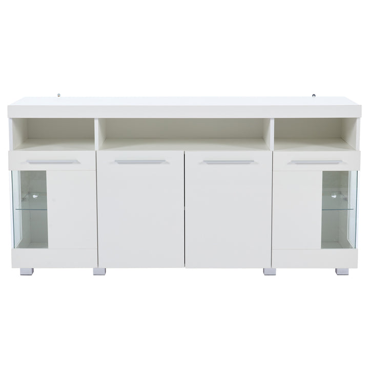 White high gloss sideboard cabinet with LED lights and glass shelves 140x40x70cm QUADSCREEN