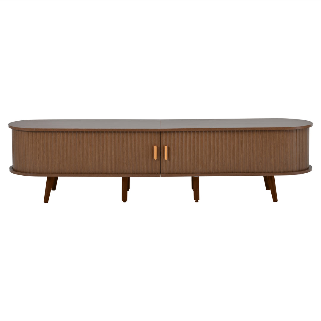 Retro walnut oval fluted TV stand with coffee table set with sliding doors MEALYBUG