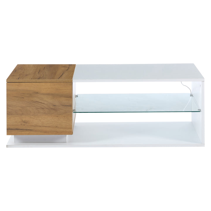 White rectangular wood LED coffee table with open glass shelf and 1-door IDEOGRAM
