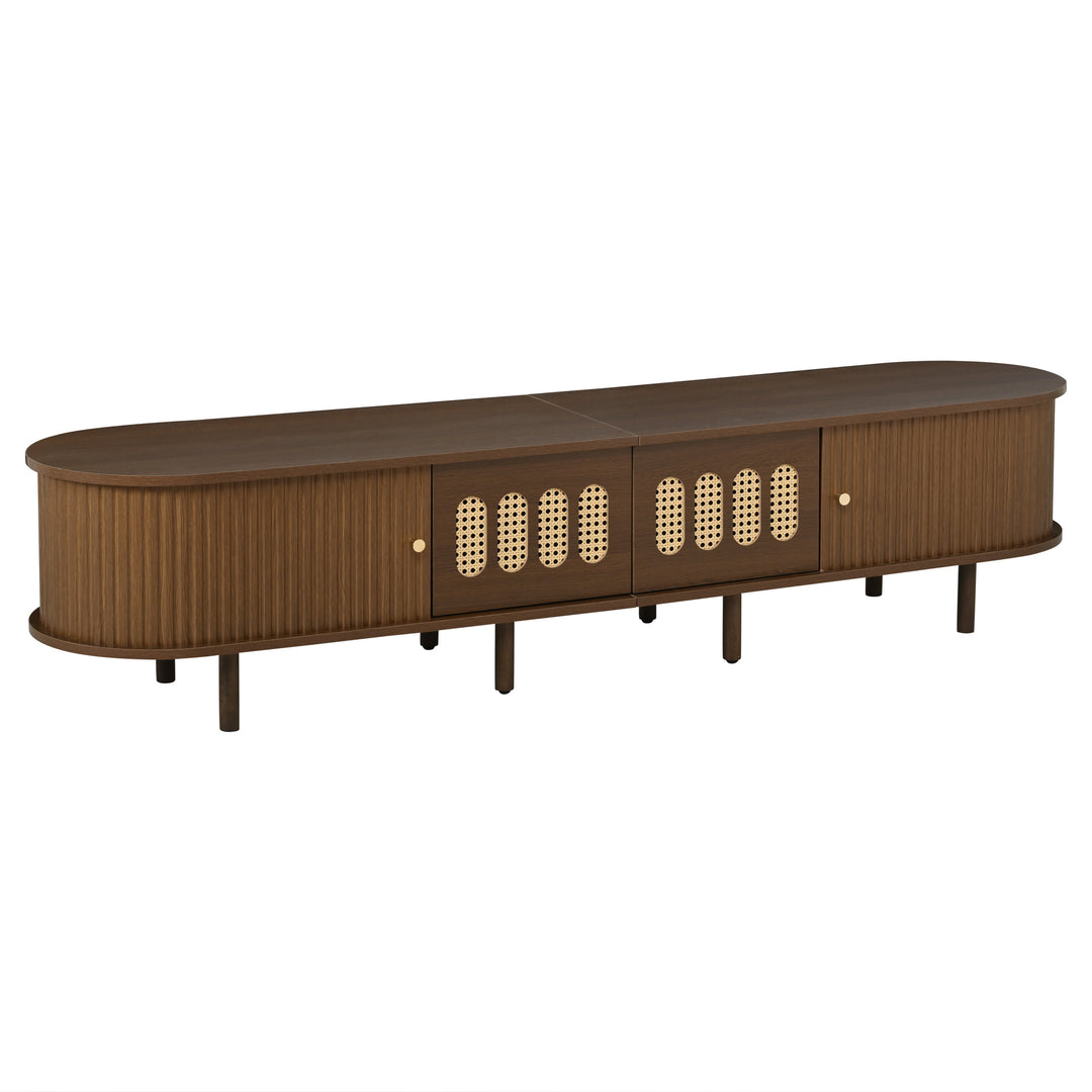 Walnut Oval TV Stand with 2 Drawers and 2 Tambour Doors with Rattan 180cm VANITYPLUS