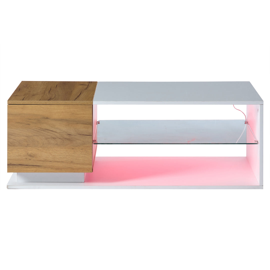 White rectangular wood LED coffee table with open glass shelf and 1-door IDEOGRAM