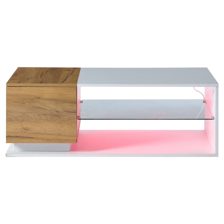 White rectangular wood LED coffee table with open glass shelf and 1-door IDEOGRAM