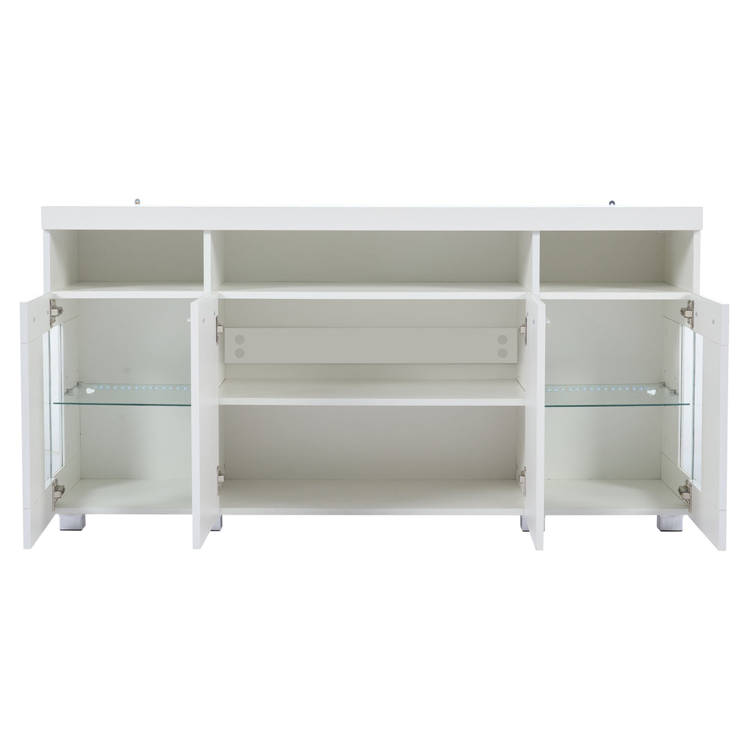 White high gloss sideboard cabinet with LED lights and glass shelves 140x40x70cm QUADSCREEN