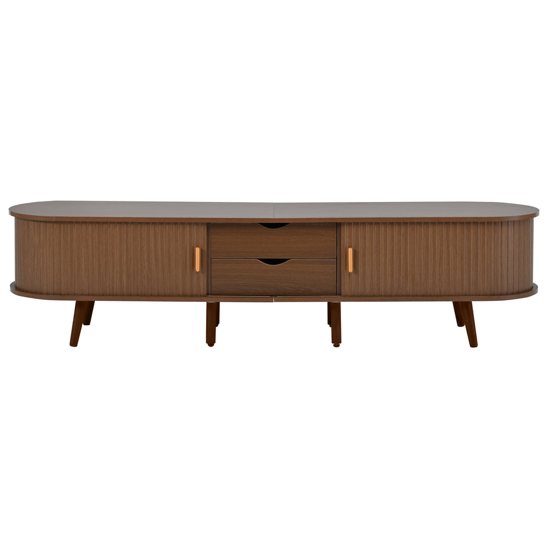 Retro walnut oval fluted TV stand with coffee table set with sliding doors MEALYBUG