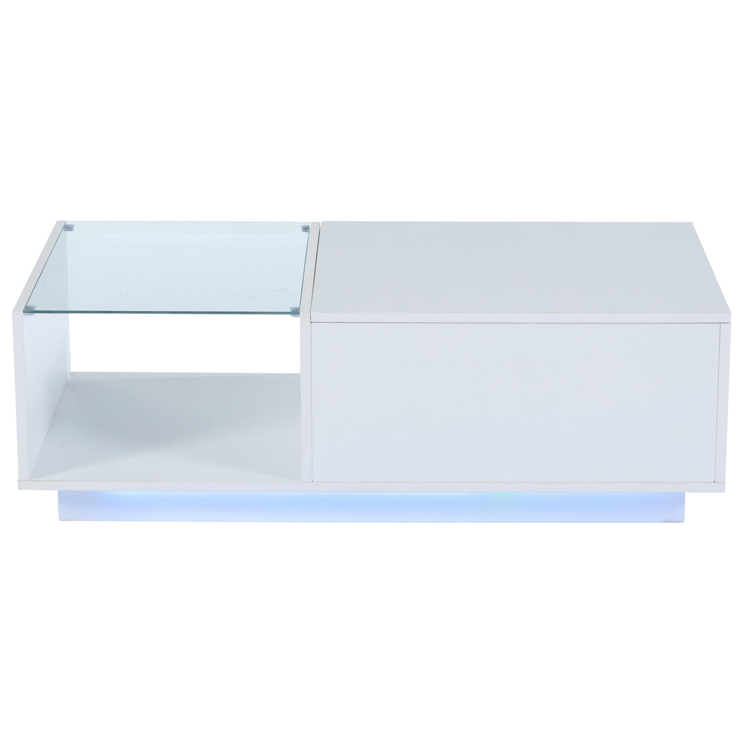 White high gloss lift-up LED coffee table with hidden storage and glass top 100×50×33cm BORAXFLAKE