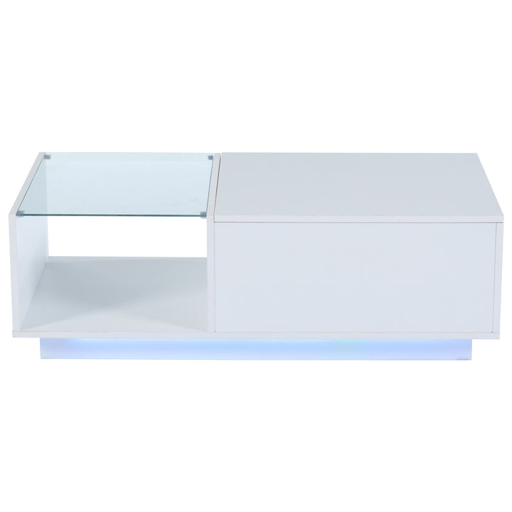 White high gloss lift-up LED coffee table with hidden storage and glass top 100×50×33cm BORAXFLAKE