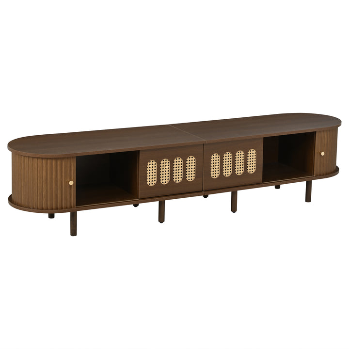 Walnut Oval TV Stand with 2 Drawers and 2 Tambour Doors with Rattan 180cm VANITYPLUS