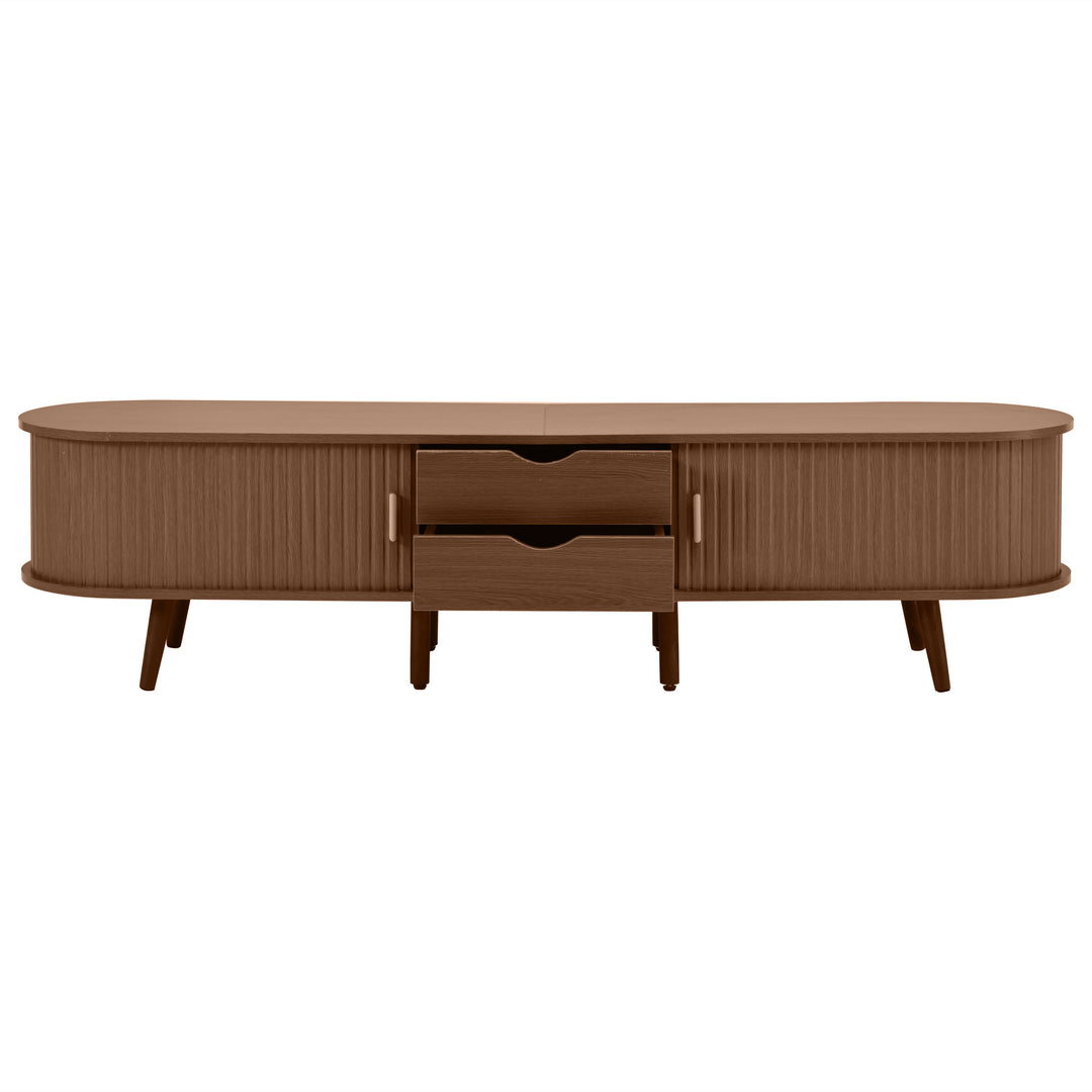Long oval TV stand retro wooden look with 2 sliding doors 2 drawers HORSETAILJOINT