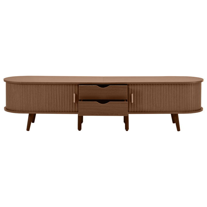 Long oval TV stand retro wooden look with 2 sliding doors 2 drawers HORSETAILJOINT