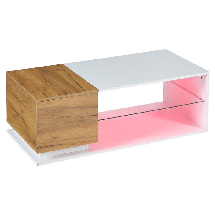 White rectangular wood LED coffee table with open glass shelf and 1-door IDEOGRAM