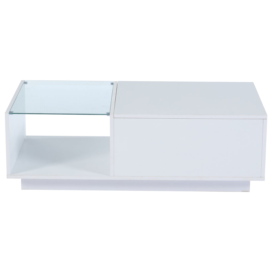 White high gloss lift-up LED coffee table with hidden storage and glass top 100×50×33cm BORAXFLAKE