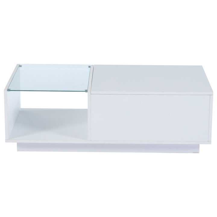 White high gloss lift-up LED coffee table with hidden storage and glass top 100×50×33cm BORAXFLAKE
