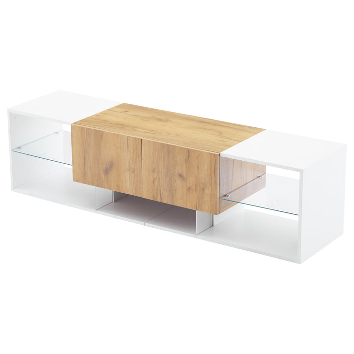 White & wood LED TV stand with 2 drawers and 5 open storage glasses shelves 160×40×42cm LIVERWORTLOBE