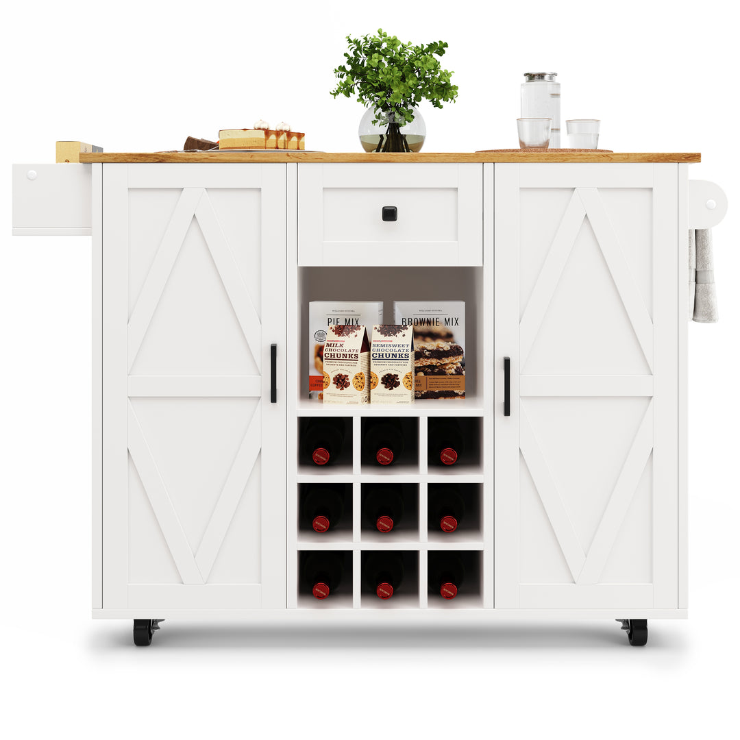 White rolling kitchen island with wood top, wine rack, and spice rack RADIALLINE