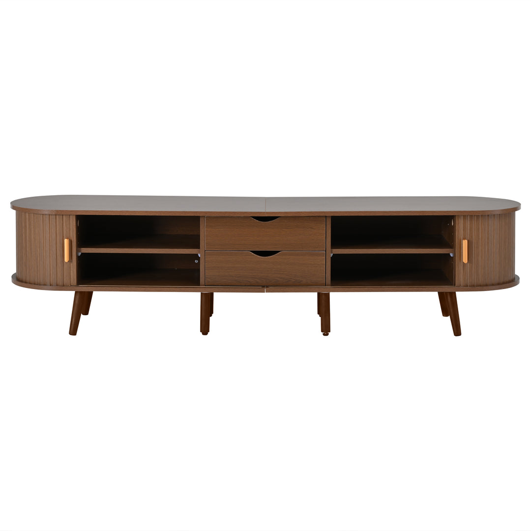Retro walnut oval fluted TV stand with coffee table set with sliding doors MEALYBUG