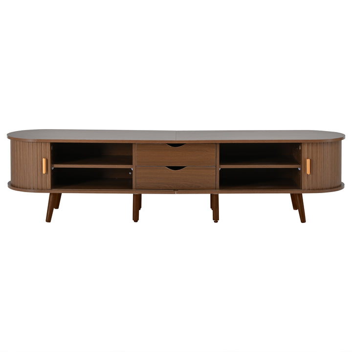 Retro walnut oval fluted TV stand with coffee table set with sliding doors MEALYBUG