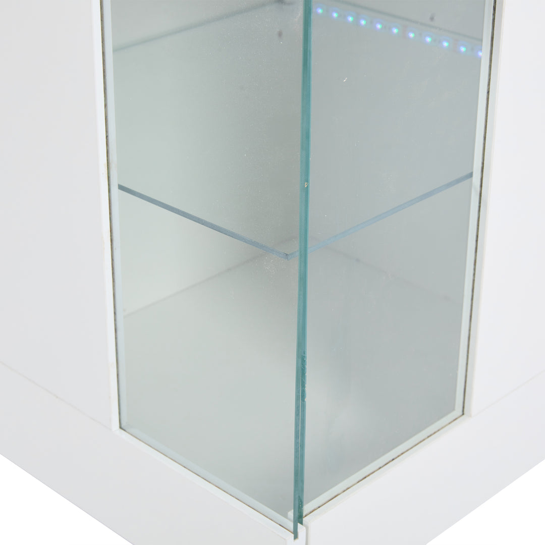 White high gloss sideboard cabinet with LED lights and glass shelves 140x40x70cm QUADSCREEN