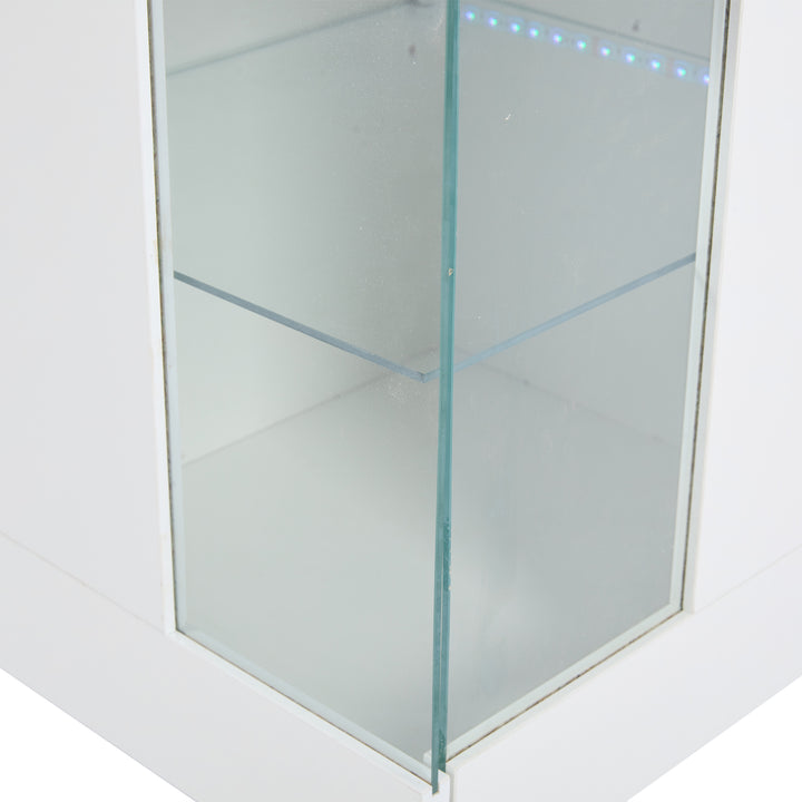 White high gloss sideboard cabinet with LED lights and glass shelves 140x40x70cm QUADSCREEN