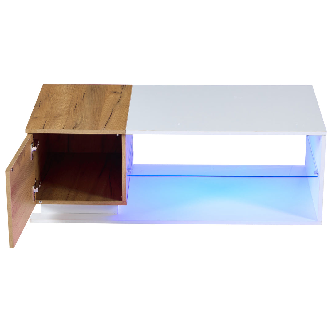 White rectangular wood LED coffee table with open glass shelf and 1-door IDEOGRAM
