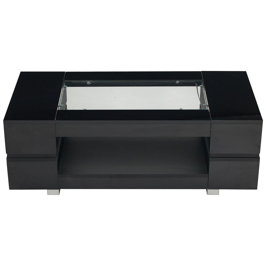 Black hollow LED coffee table with open storage and glass top 100×50×35cm SEAHORSETAIL