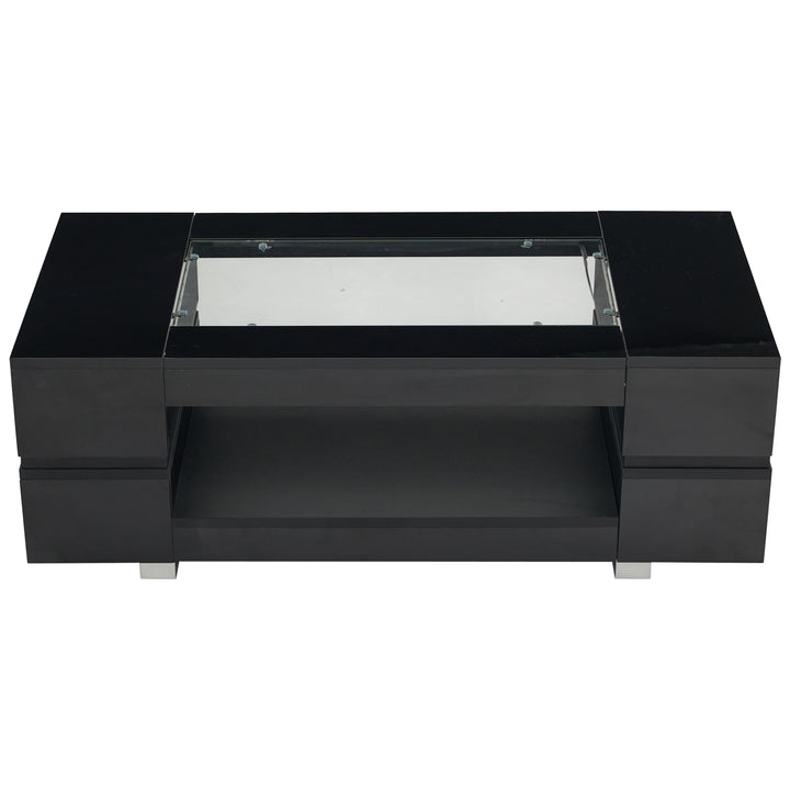 Black hollow LED coffee table with open storage and glass top 100×50×35cm SEAHORSETAIL