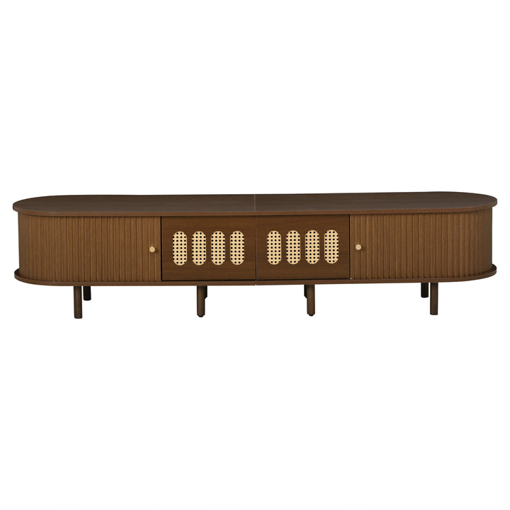 Walnut Oval TV Stand with 2 Drawers and 2 Tambour Doors with Rattan 180cm VANITYPLUS
