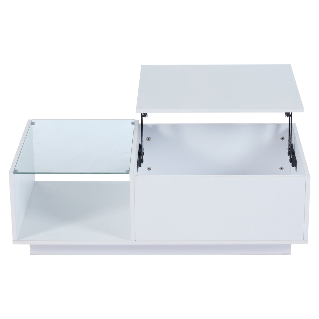 White high gloss lift-up LED coffee table with hidden storage and glass top 100×50×33cm BORAXFLAKE
