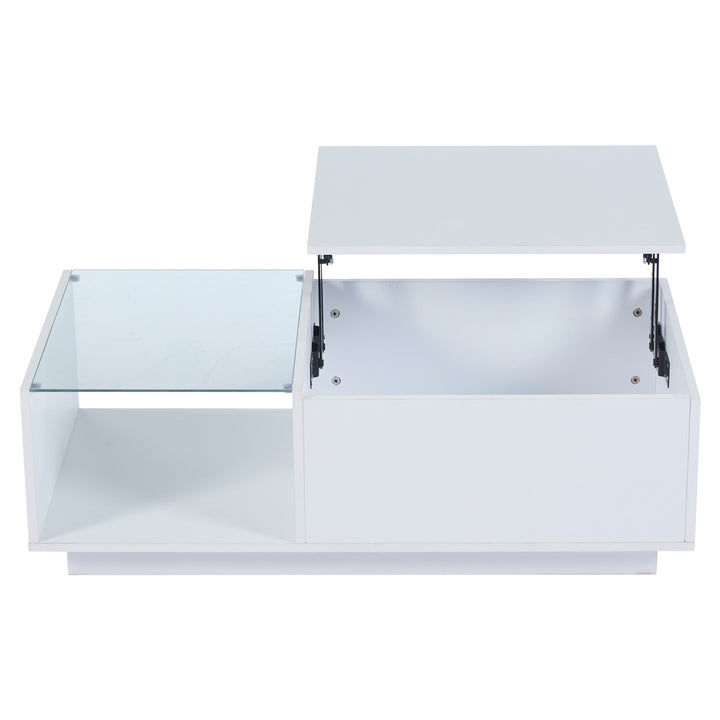 White high gloss lift-up LED coffee table with hidden storage and glass top 100×50×33cm BORAXFLAKE