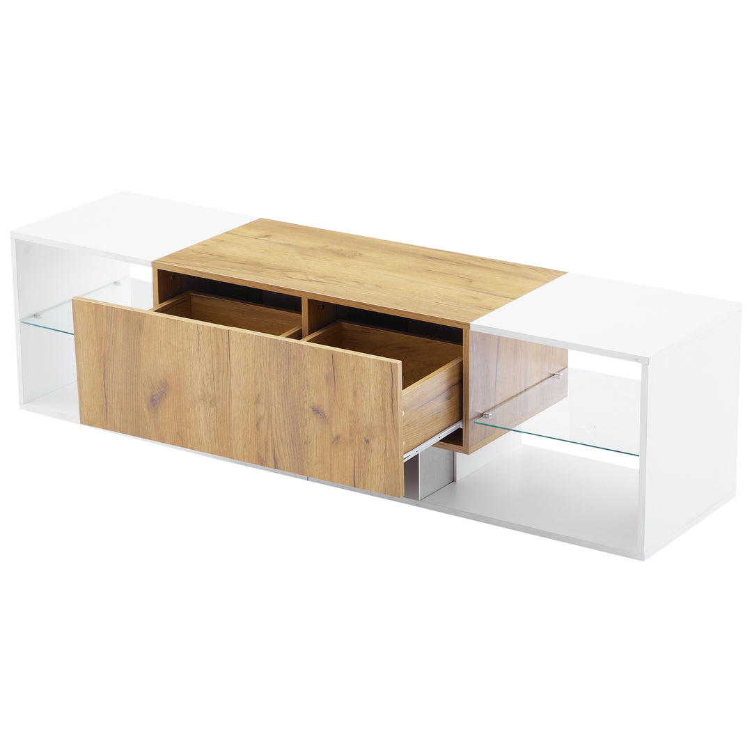 White & wood LED TV stand with 2 drawers and 5 open storage glasses shelves 160×40×42cm LIVERWORTLOBE