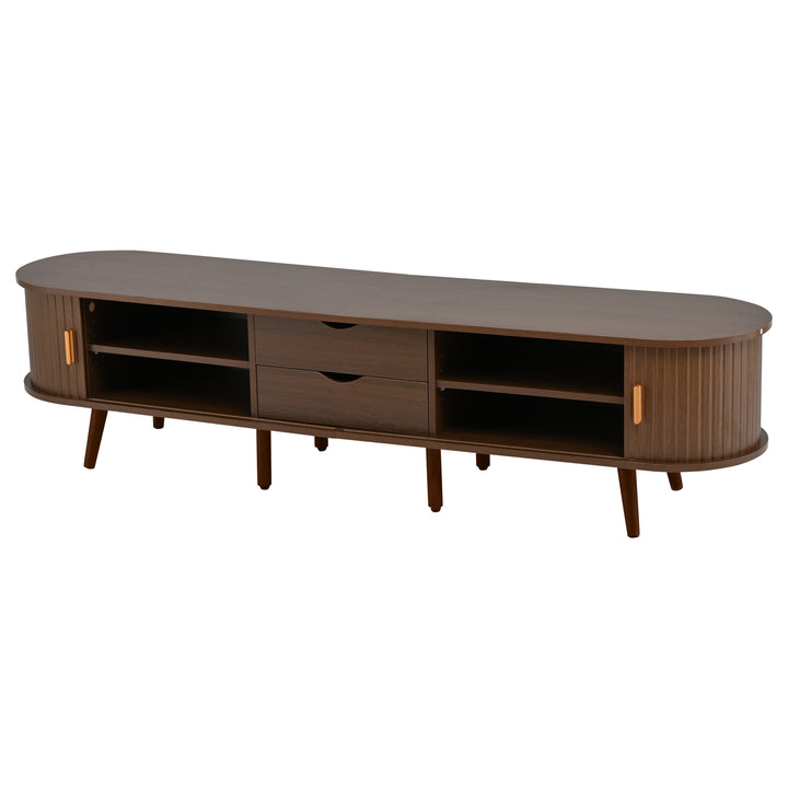 Long oval TV stand retro wooden look with 2 sliding doors 2 drawers HORSETAILJOINT