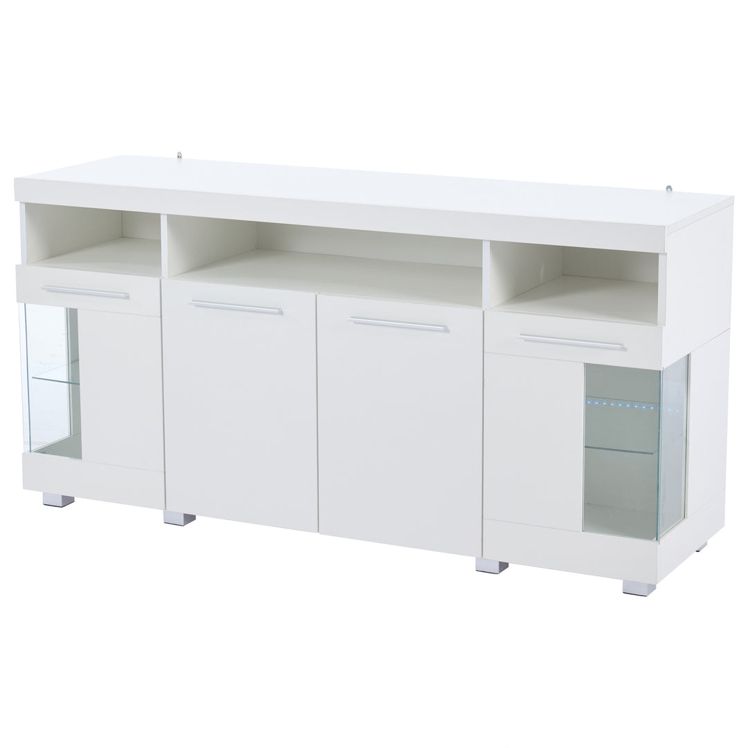 White high gloss sideboard cabinet with LED lights and glass shelves 140x40x70cm QUADSCREEN