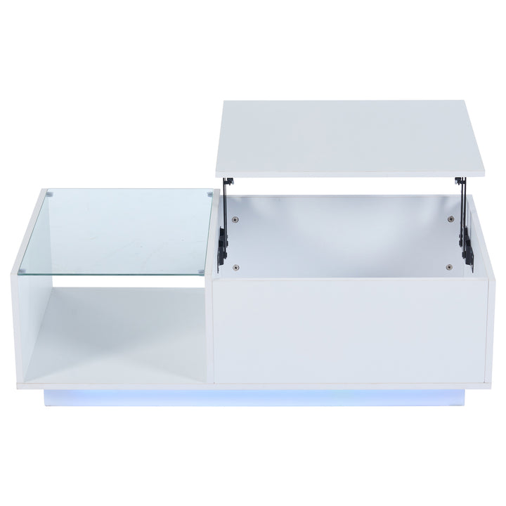 White high gloss lift-up LED coffee table with hidden storage and glass top 100×50×33cm BORAXFLAKE