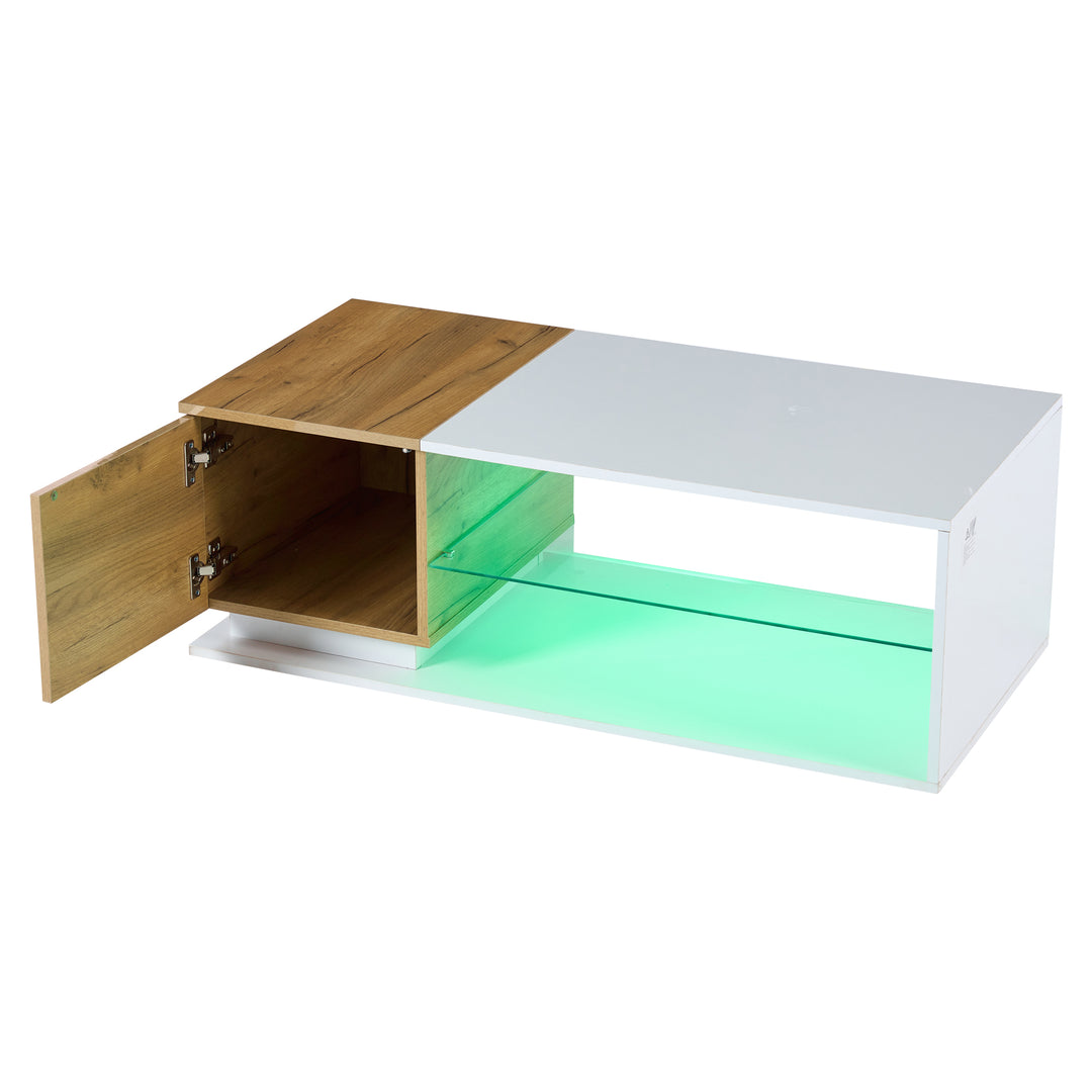 White rectangular wood LED coffee table with open glass shelf and 1-door IDEOGRAM