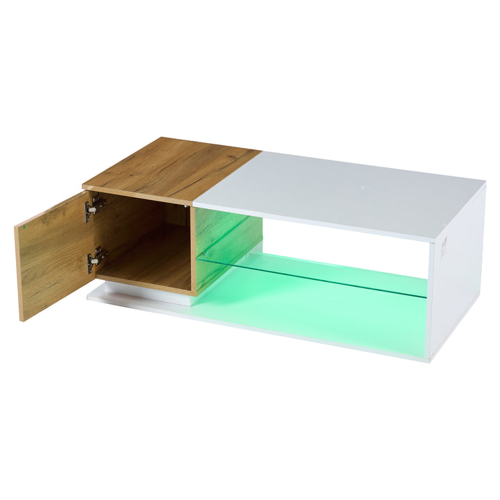 White rectangular wood LED coffee table with open glass shelf and 1-door IDEOGRAM